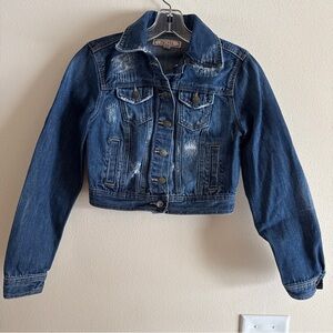 Decree Distressed Blue Denim Cropped Button Jean Jacket, Junior’s Size Small